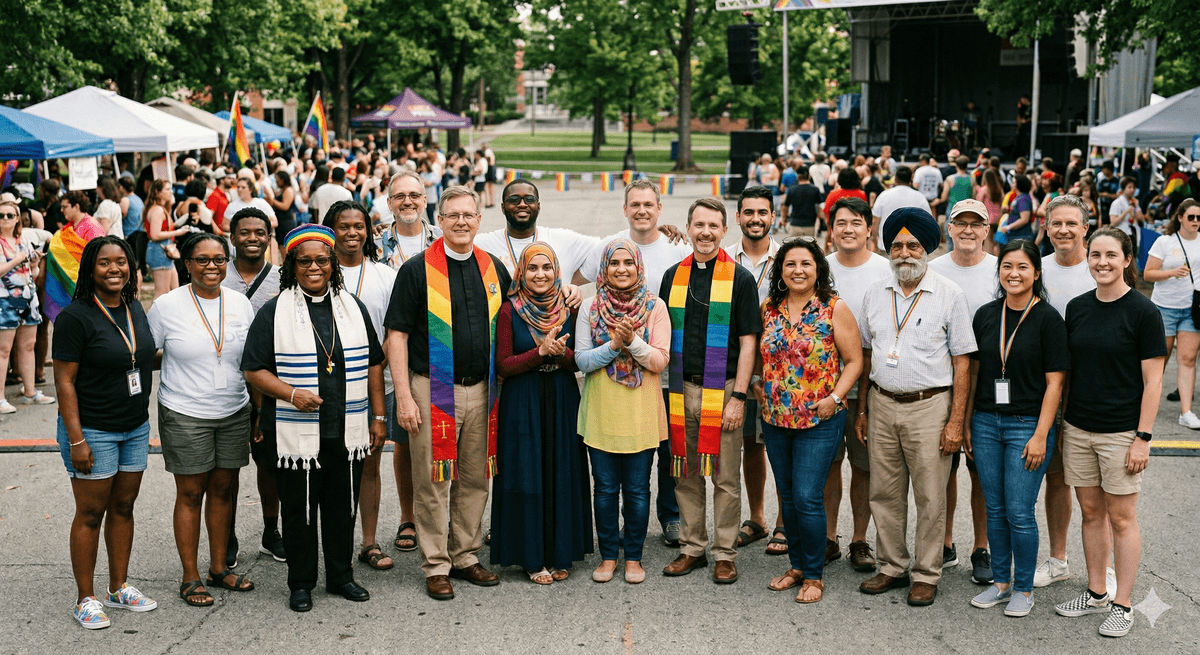 Diverse group of faith leaders and community members standing together at a Pride Interfaith Knox event