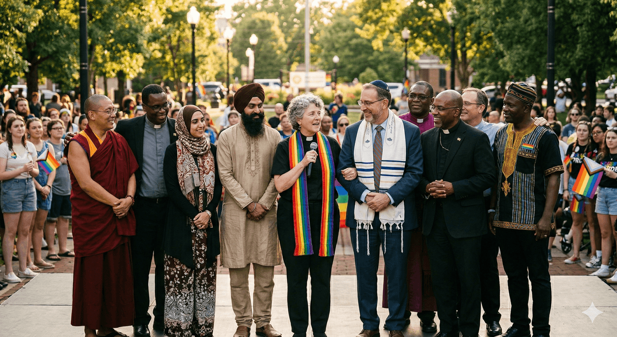 Interfaith leaders from diverse traditions gathered in unity at a Pride Interfaith Knoxville event