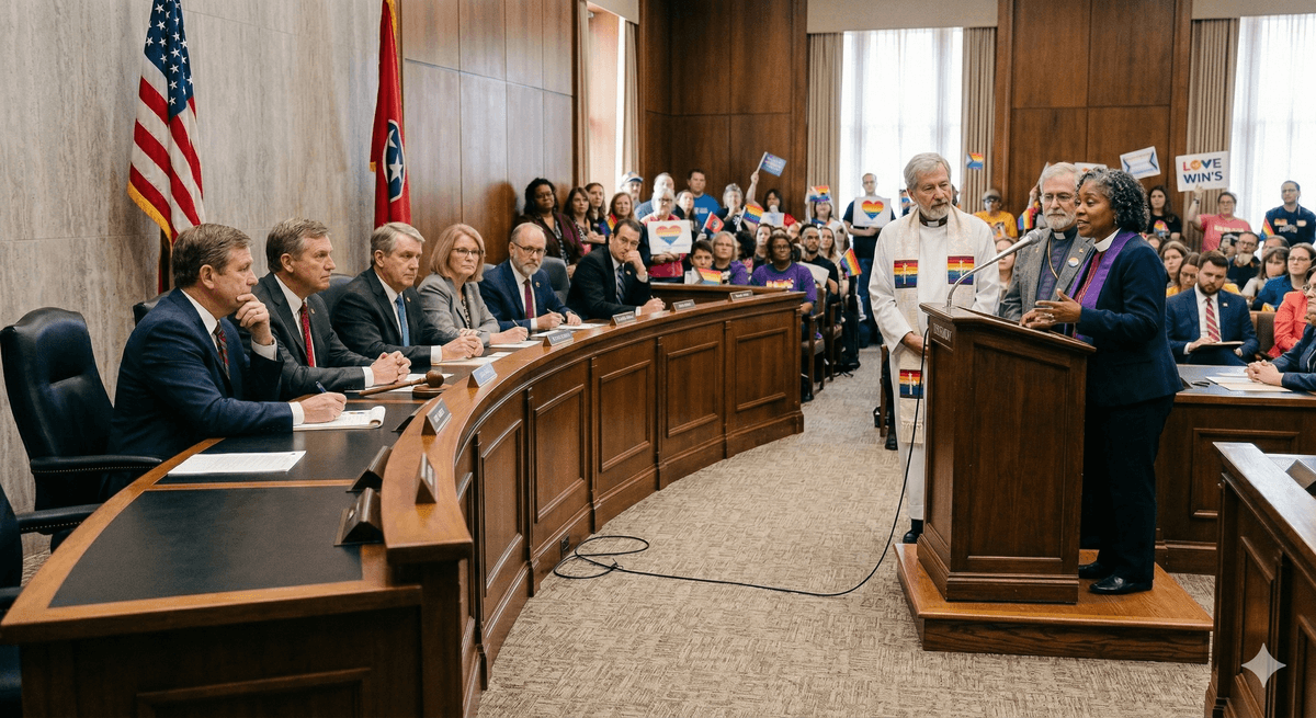 Faith leaders speaking at a press conference in support of LGBTQIA+ rights in Tennessee